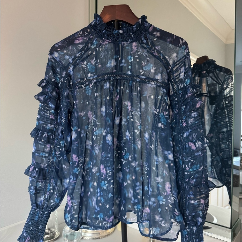 French Connection Navy Floral Ruffle Blouse US Small NWT